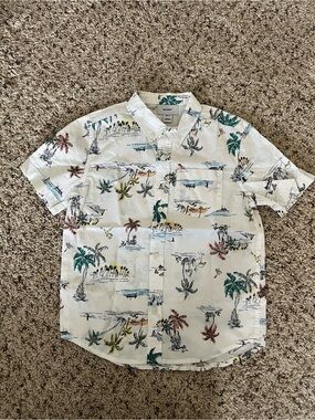 Old Navy Boys White Button Down Shirt Small 6/7 Palm Tree Beach Print